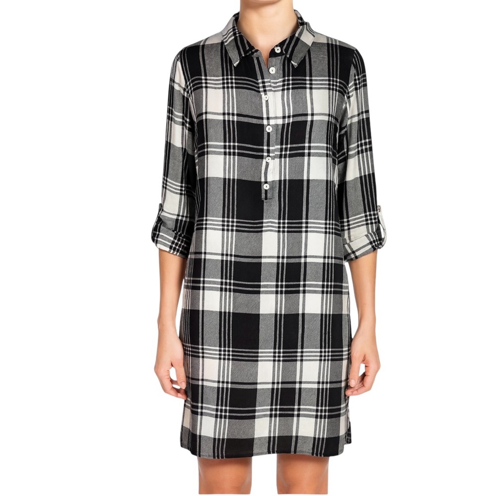 Fever Black & White Plaid Knee Length Shirt Dress XL Half Button, Tab Sleeves